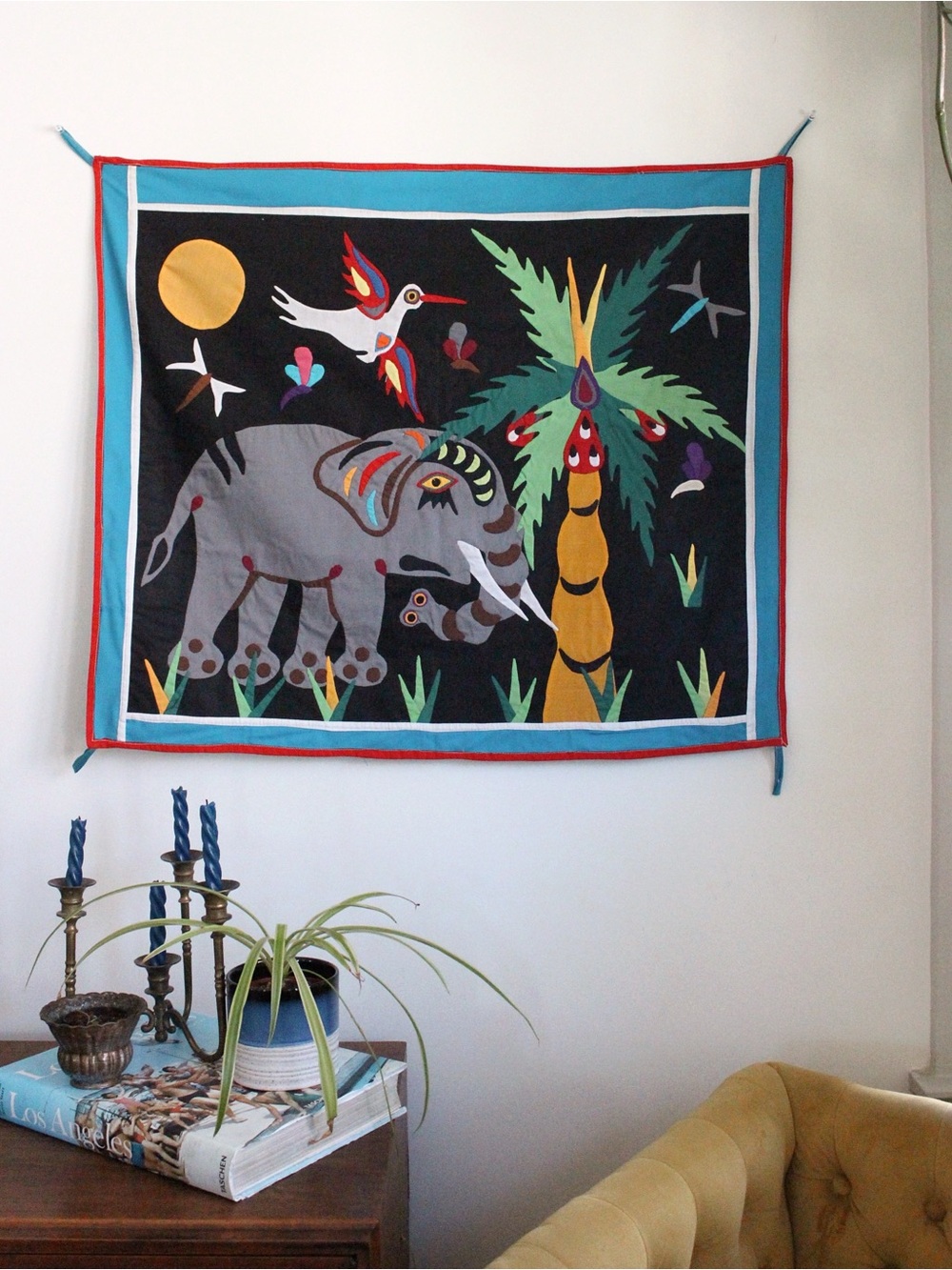 Vintage Benin Folk Art Wall Tapestry - Elephant and Palm - Multicolor